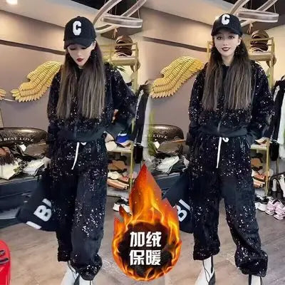 Fashion Pink Casual Suit for Women Autumn Winter New Gold Velvet Sequins Pearl Embroidery Sweatshirt Sports Pants Two-Piece Sets