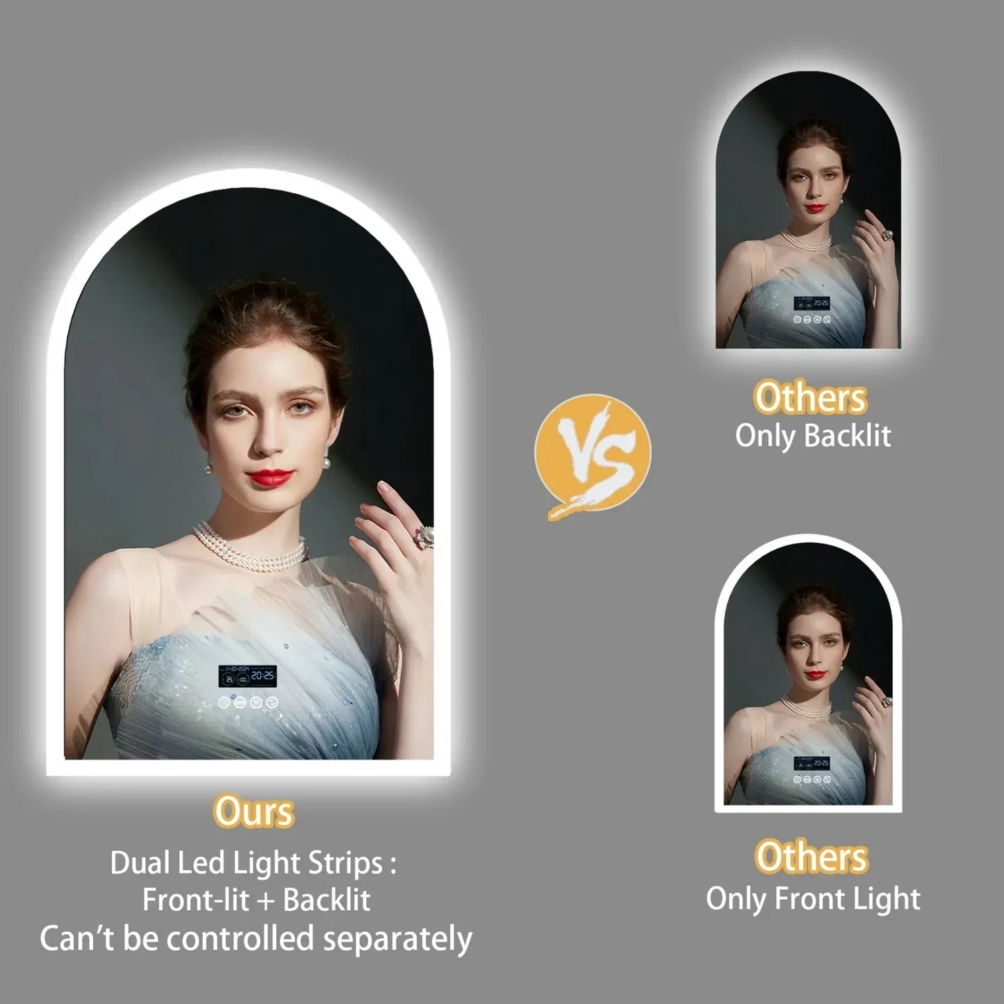 60x90CM Arched LED Mirror for Bathroom Backlight Wall Vanity Mirror w/ Bluetooth, Date and Time, Touch Antifog, Digital Display