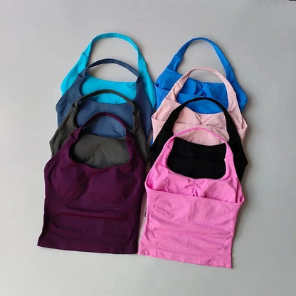 Seamless Halter Neck Yoga Tank Tops for Women Built-in Bra Padded Gym Top Sleeveless Shirt Fitted Backless Workout Clothes