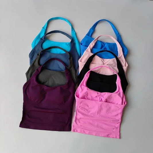 Seamless Halter Neck Yoga Tank Tops for Women Built-in Bra Padded Gym Top Sleeveless Shirt Fitted Backless Workout Clothes