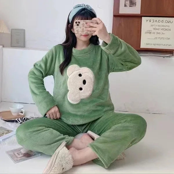 Women Pajamas Autumn Winter Flannel Warm Woman Sleepwear Korean cute Cartoon Pajama Set Fashion Pijama Mujer Home Cloth Pyjamas