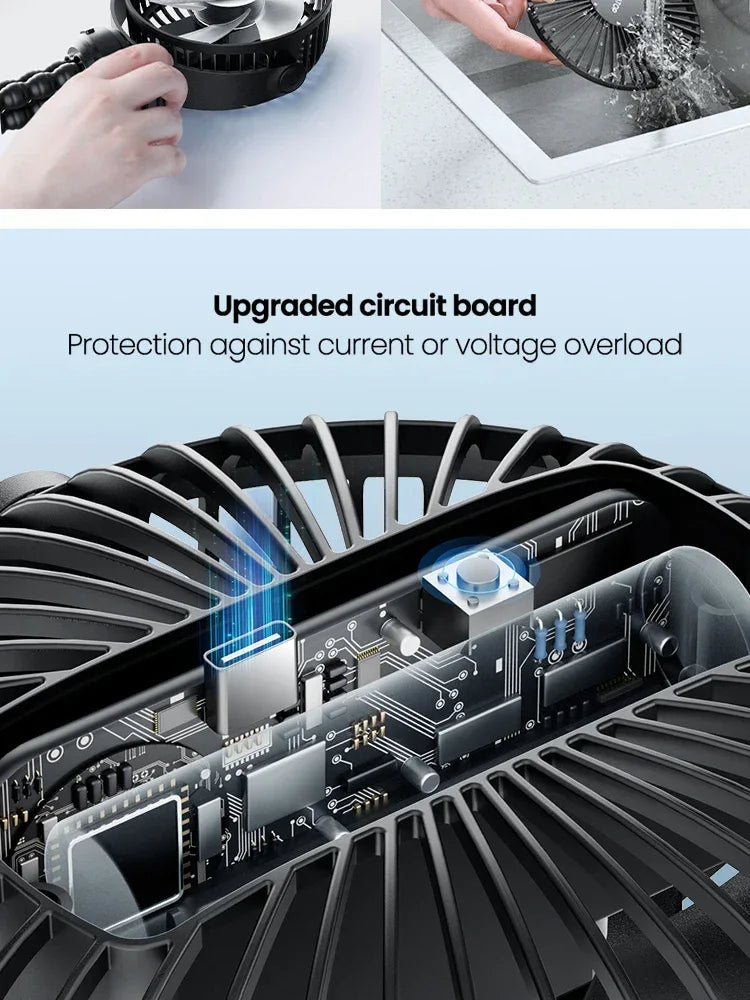 Battery Operated Small Clip on Fan, Detachable 3 Speed Rechargeable 360° Rotate Flexible Tripod Cooling Fan for Car Seat Crib
