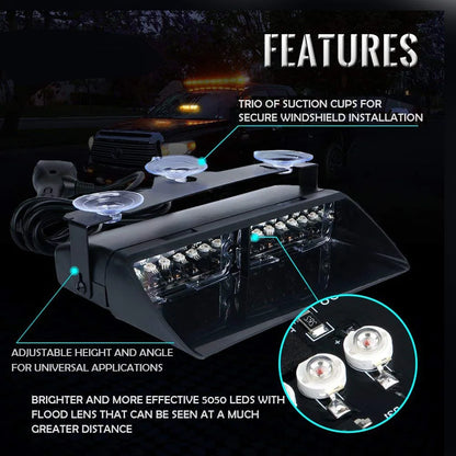 16W Car Windshield LED Strobe Light 12V Waterproof Police Lights Warning Light Flash Dash Emergency Signal Lamps