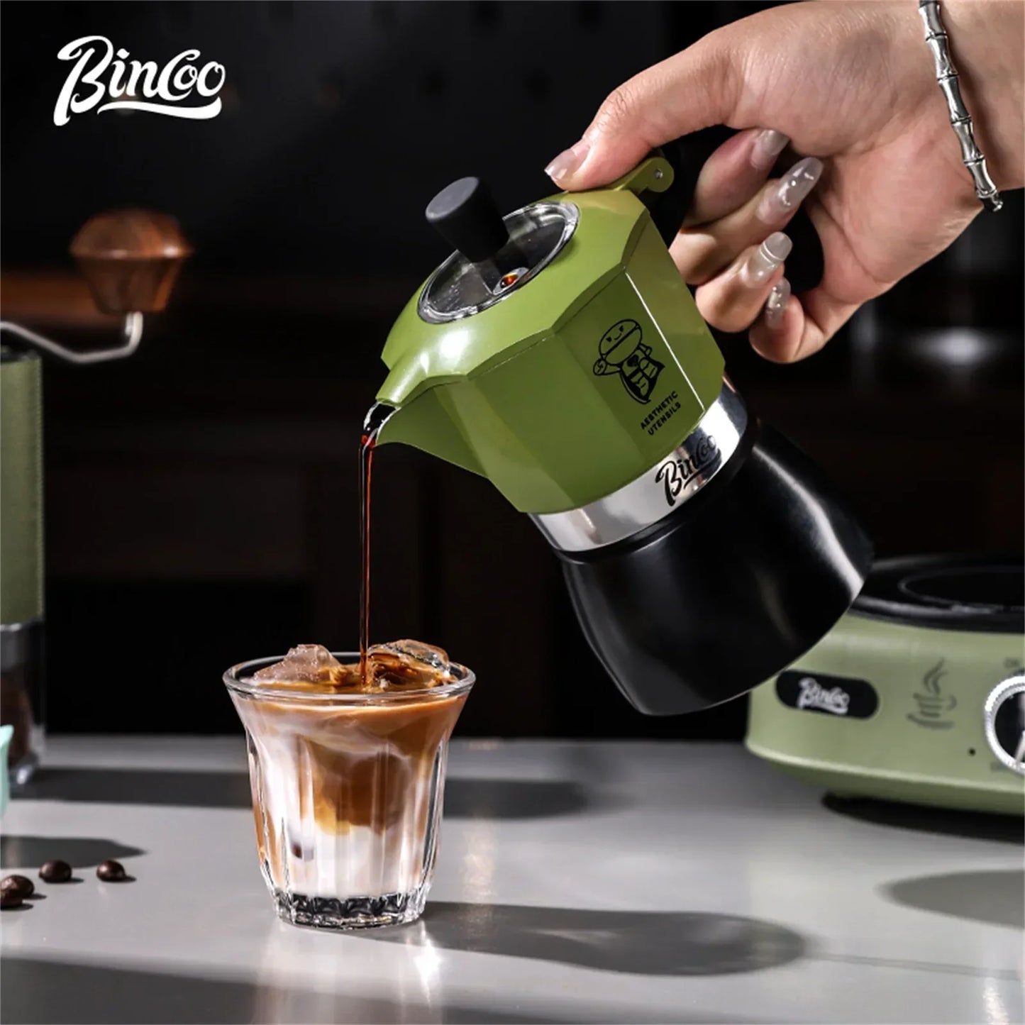 Bincoo Double valve Moka Pot Set Electric Stove Coffee Pot Household Italian Espresso Machine Mocha Pot Barista Accessories 220V