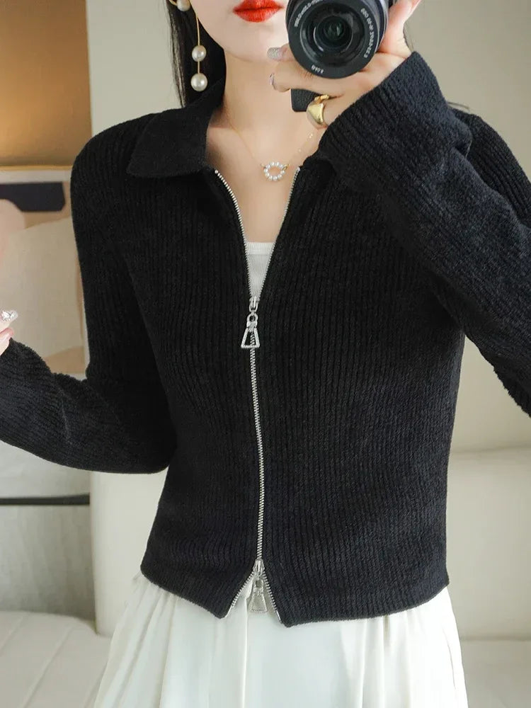 Women Autumn Winter Soft Wool Sweater Polo Collar Thicken Knitted Double Zipper Cardigan Basis Short Top Cashmere Female Coat