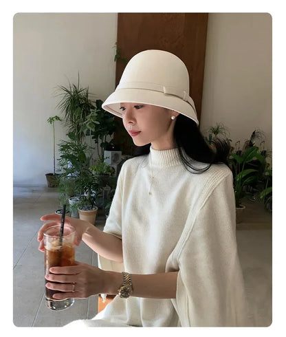 2024 Autumn Spring Fedoras Women Hat Elegant Vintage Bowknot Wool Ladies Hat Dome Felt Wedding Church Jazz Cap Female Bow Bowler