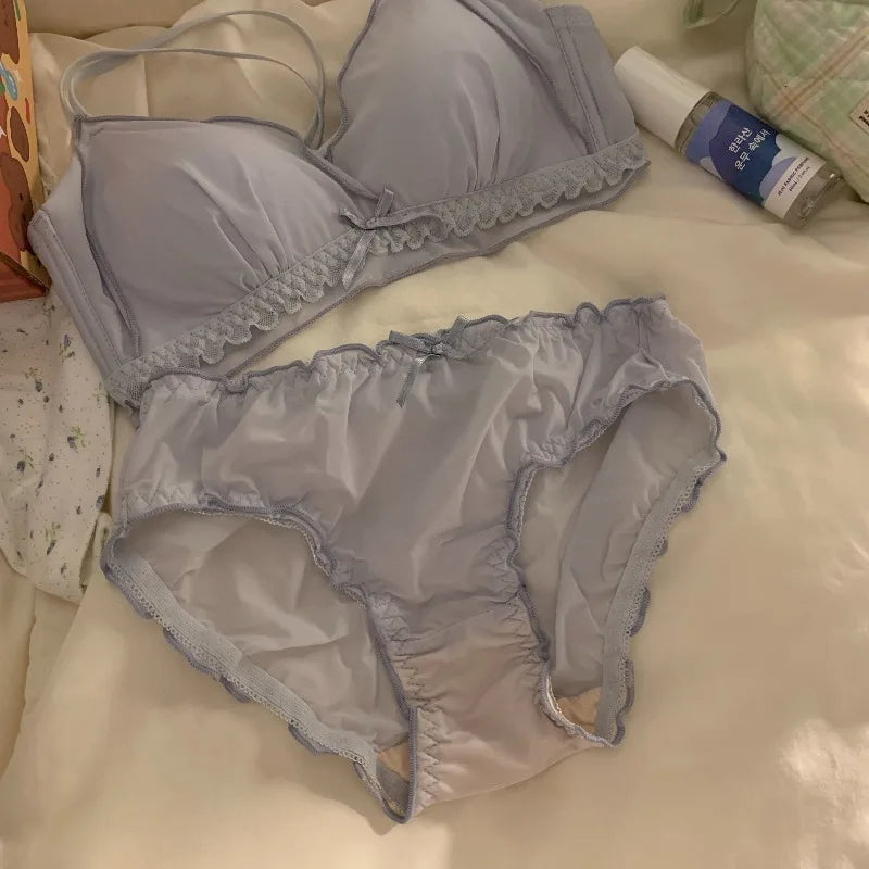 Wirefree Push Up Bra Set for Small Bust | French Ruffle Trim Silk Feel Thin Cups, Sweet Sexy Bralette | Hot MOYISU Sexy Panty AB