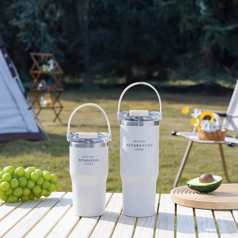JUSTINLAU 600/900ml Insulated Cups Stainless Steel Double-drinking Thermos Cup with Handle& Straw Sports Bottle Car Ice Tumbler