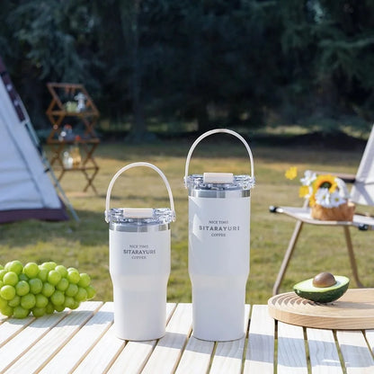 JUSTINLAU 600/900ml Insulated Cups Stainless Steel Double-drinking Thermos Cup with Handle& Straw Sports Bottle Car Ice Tumbler