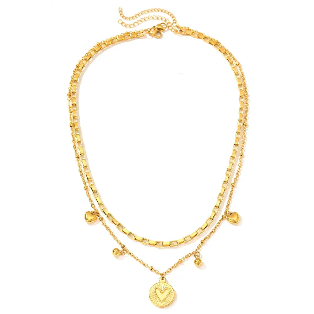 woiwoi Stainless Steel Necklace Luxury Exquisite Peach Heart Double Layer Bone Chain Ladies Jewelry Birthday Anniversary Gift