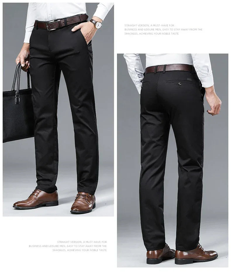 Autumn Classic Style Men's Beige Business Straight Casual Pants Stretch Cotton High Waist Solid Brand Trousers Khaki Green Black