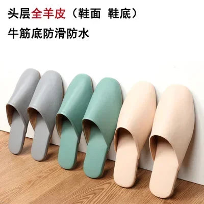 Sheepskin Genuine Leather Slippers Women Non-Slip Waterproof Slides Unsex Indoor Outdoor Home Shoes