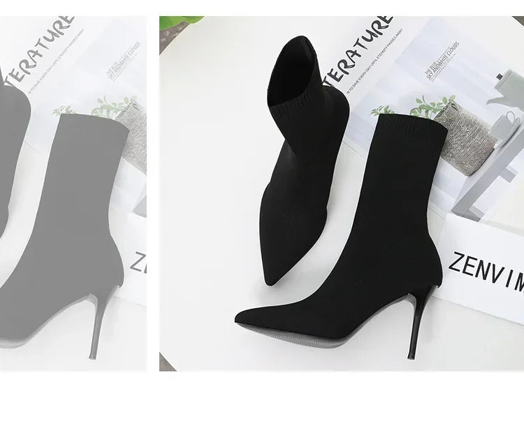 Comemore Knitting Stretch High Heels for Women Fashion Shoe 2025 Spring Autumn Ankle Boot Female Sexy Sock Boots Plus Size 34 42