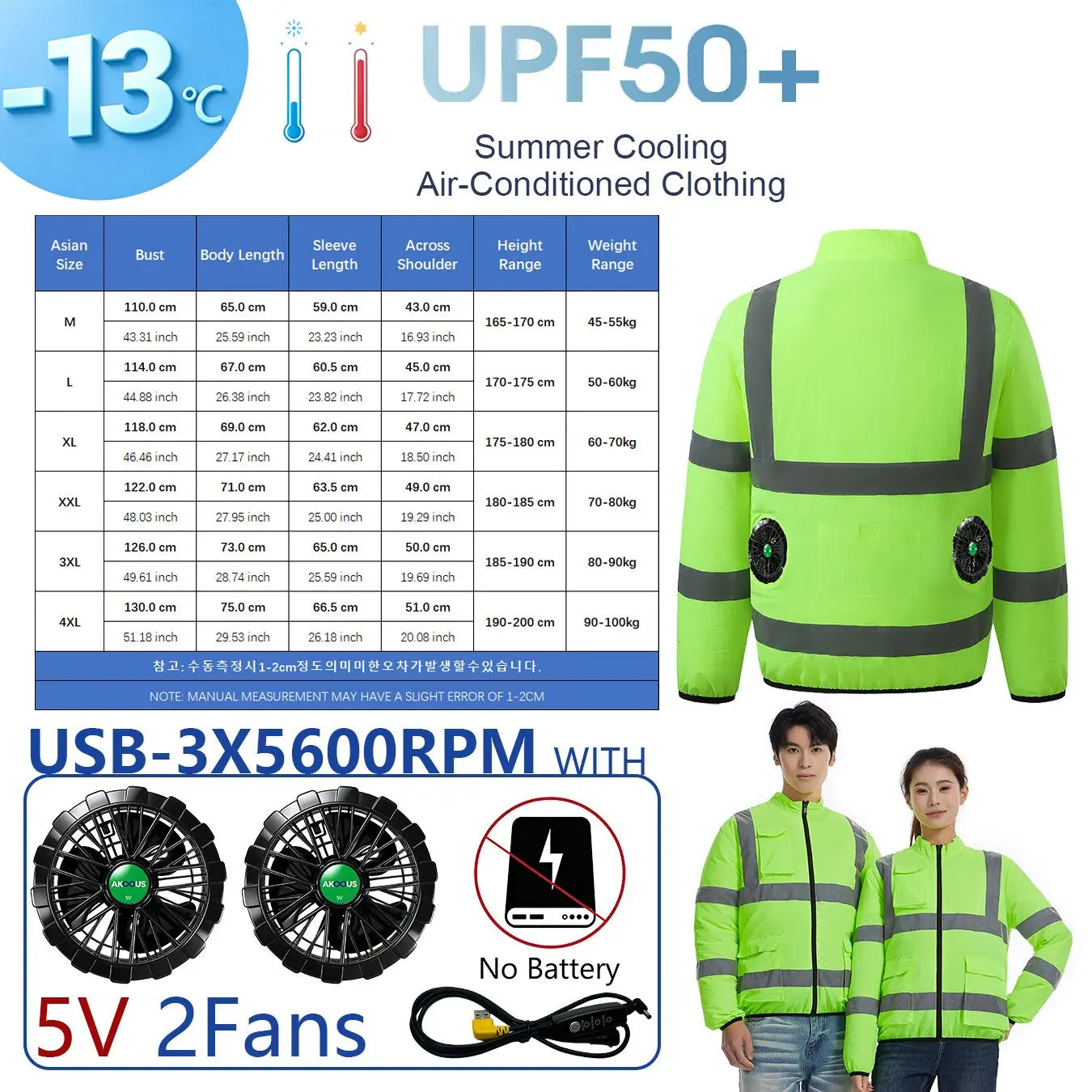 AKOOUS 6500 RPM 12V/5V USB 3-Fans Cooling Vest Air Conditioned Clothes Men Women Outdoor Work Fishing Body Cooling Jacket