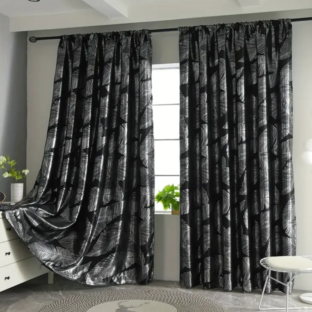 Single Layer Blackout Curtain with Leaf Pattern Print, High Precision Silver Color Drapes, Premium Light Blocking Fabric for Hom