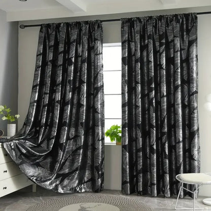 Single Layer Blackout Curtain with Leaf Pattern Print, High Precision Silver Color Drapes, Premium Light Blocking Fabric for Hom