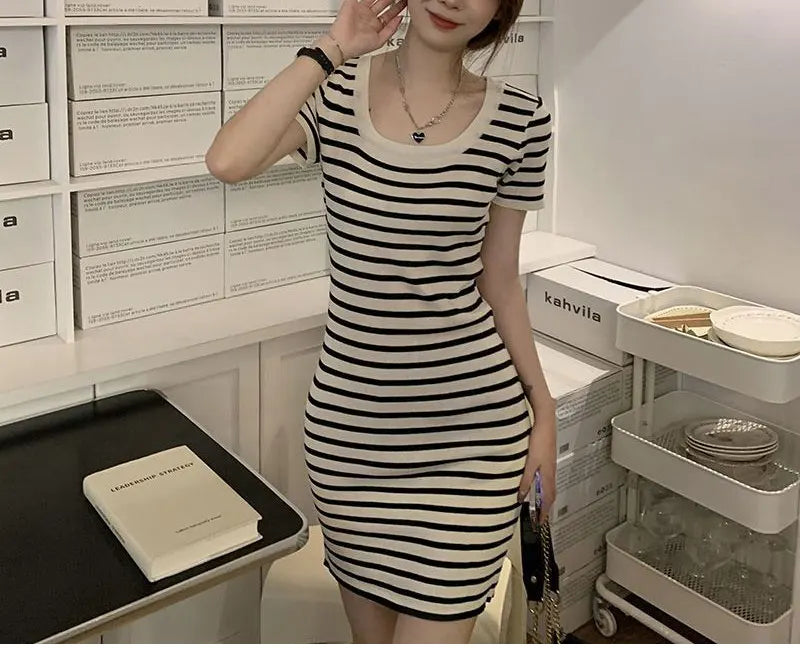 Fashion Striped Knitted Mini Dress Summer Korean Square Collar Waist Women's Clothing Slim Bag Hip Casual Short Sleeve Dresses