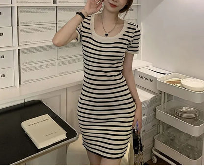 Fashion Striped Knitted Mini Dress Summer Korean Square Collar Waist Women's Clothing Slim Bag Hip Casual Short Sleeve Dresses