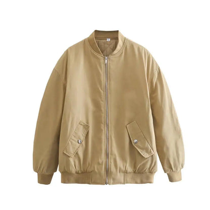 Retro Solid Zipper Cotton Jackets Women Casual Loose Bomber Jacket With Oblique Pockets Female Y2k Autumn Chic Street Outwear