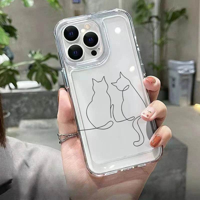Luxury Shockproof Soft TPU Clear Phone Case For iPhone 17 11 12 13 14 15 16 Pro Max 16 Plus 16E 17 Air With Cute Line Cat Cover
