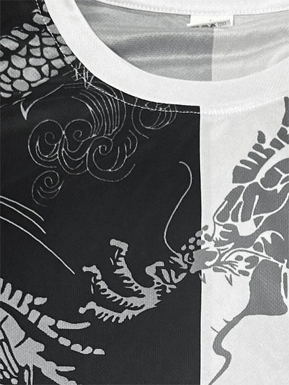 Men's Dragon-Pattern Sports T-Shirt Black And White Split Design Is Comfortable And Breathable Suitable For Training And Leisure