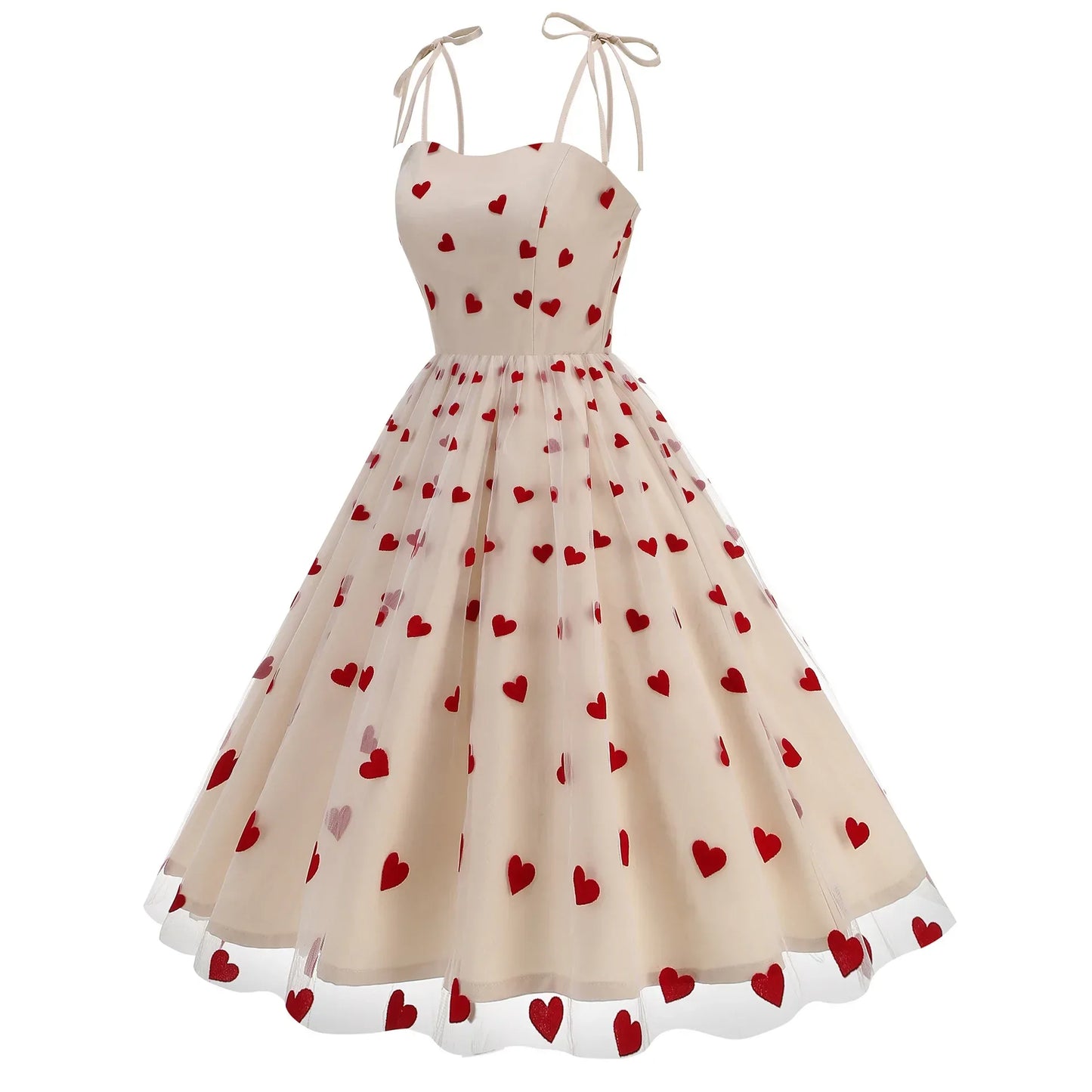 Knot Strap Strawberry Patchwork Vintage Dress 2025 Heart Flocking Valentine's Day Dress Women Birthday Party Pleated Mesh Dress