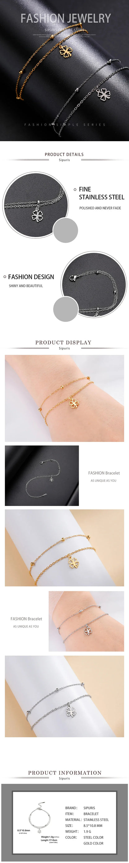 Sipuris  Four Leaf Clover Bracelet For Women Stainless Steel Trendy Double Chain Lucky Amulet Pendant Jewelry Christmas Gifts