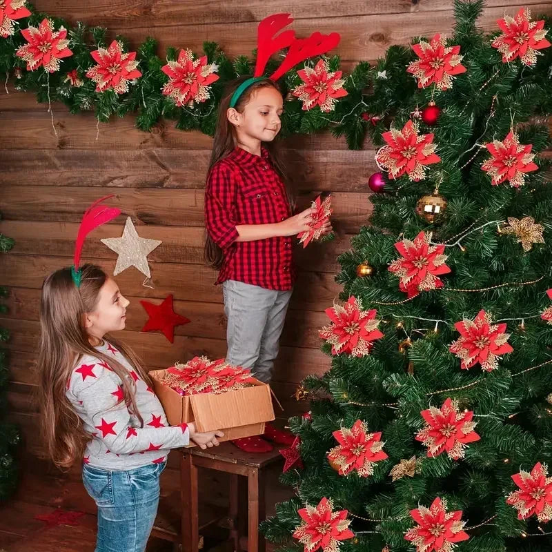 40PCS Artificial Glitter Christmas Flowers with Clips for Xmas Tree Ornament Fake Flower Floral New Year Party Home Decoration