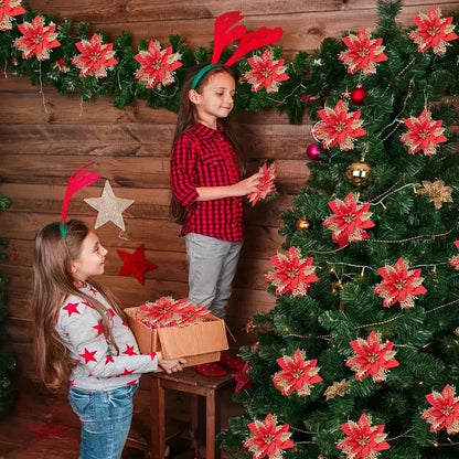 40PCS Artificial Glitter Christmas Flowers with Clips for Xmas Tree Ornament Fake Flower Floral New Year Party Home Decoration