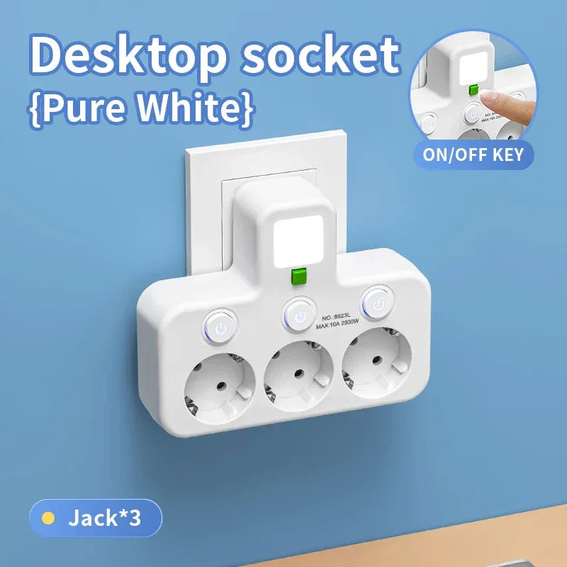 EU Plug Power Strip with 3 AC Outlets +2 USB Ports+ 1 Type C, 6-in-1 Plug Socket Adapter Wireless Wall Charger for Home Office
