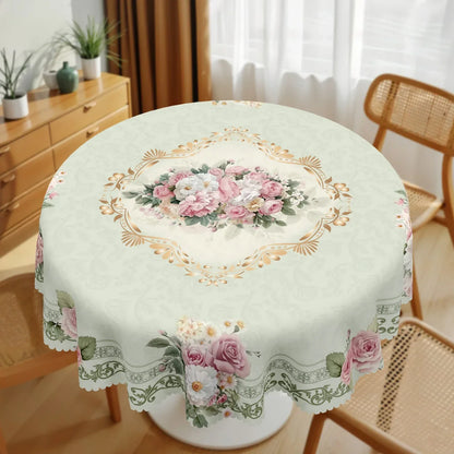 1 Piece, Elegant Retro Style Pink Rose Theme Tablecloth + 4 Self-Adhesive Stickers, Wedding Atmosphere Decoration, Embossed Edges, Suitable for Home Kitchen, Living Room Dining Table Balcony Coffee Table, Holiday Party Holida