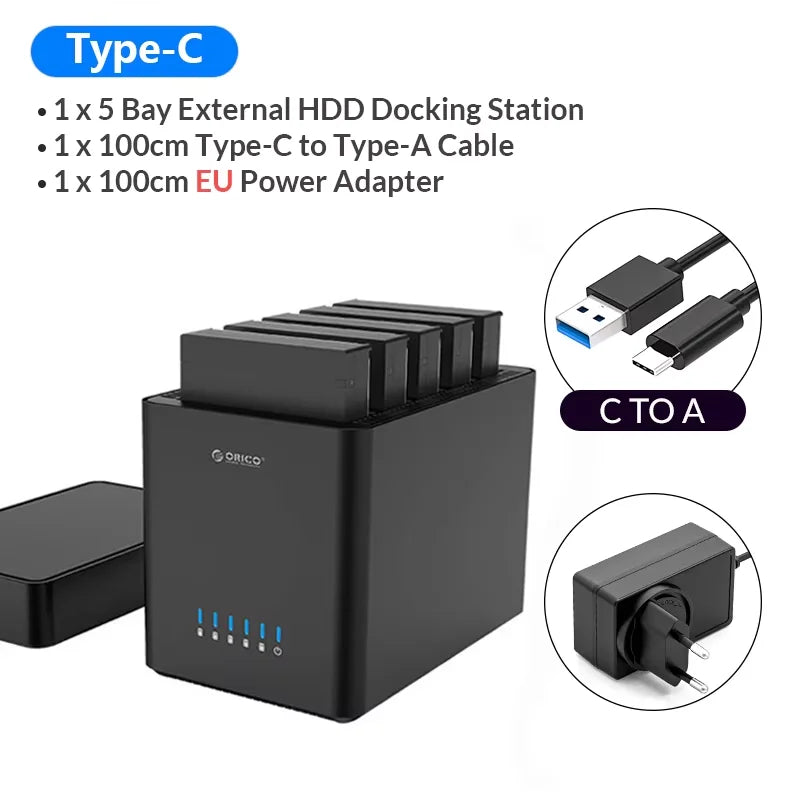 ORICO 5 Bay USB 3.0 to SATA 2.5/3.5 Inch HDD Docking Station Hard Drive Enclosure with Offline Clone HDD Case Plug and Play