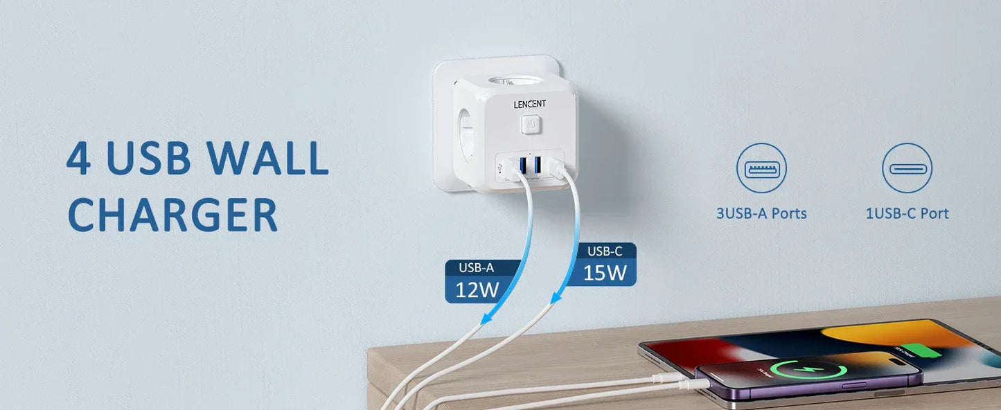 LENCENT Multi USB Wall Socket Cube with 3AC Outlets USB-A and Type C 7-in-1 Power Strip EU Plug Socket On/Off Switch for Home