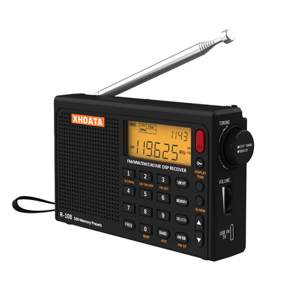 XHDATA R-108 Digital Portable Radio Stereo FM LW SW MW Full-Band Radio DSP Radio Receiver Multi-Function Rechargeable Radio