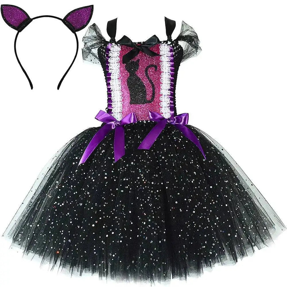 Sparkly Black Cat Tutu Dress for Baby Girls Animal Halloween Costumes with Ears Hairbow Kids Twinkle Kitty Ballet Tutus Outfit