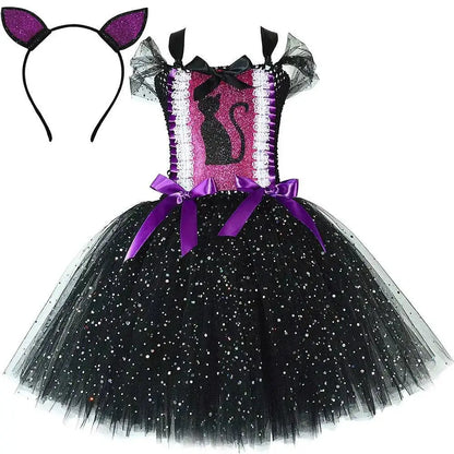 Sparkly Black Cat Tutu Dress for Baby Girls Animal Halloween Costumes with Ears Hairbow Kids Twinkle Kitty Ballet Tutus Outfit