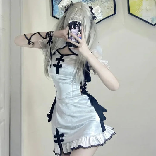 Robe de Serveuse Japonaise Lolita Blanche, Costume de Cosplay d'Halloween, Uniforme Slim Sexy Cheongsam, Princesse de Jeu