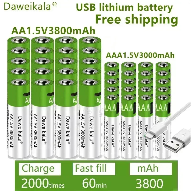 Daweikala rechargeable lithium battery, toy flashlight, MP3 player, 1.5V, AA, 3800mAh/AAA, 3000mAh
