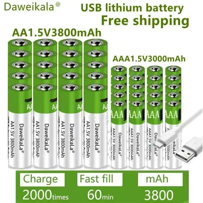 Daweikala rechargeable lithium battery, toy flashlight, MP3 player, 1.5V, AA, 3800mAh/AAA, 3000mAh