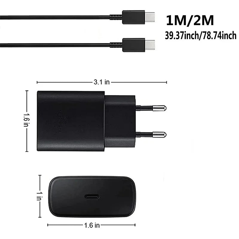 25W USB C Fast Wall Charger with USB C to Type C Fast Charging Cable For IPhone 15 16 Samsu Galax S25 24 S23 S22 S21 S20 Note 10