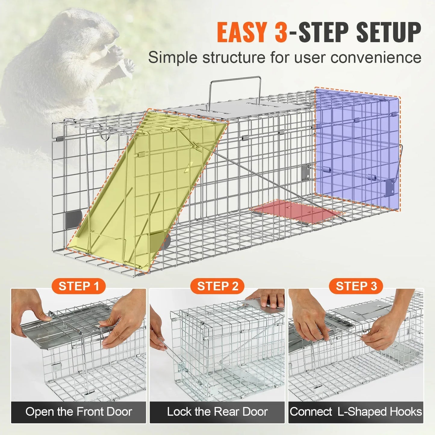 SucceBuy Live Animal Cage Trap Humane Cat Rodent Control Folding with Handle for Stray Cat Rabbits Squirrels Raccoons Groundhogs