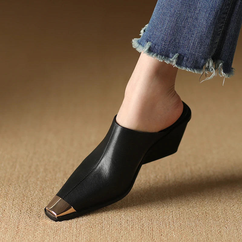 2025 New Ladies Genuine Leather Metal Head Mules Fashion Med Chunky Heels Summer Wedges Slippers Women Casual Office Shoes Woman