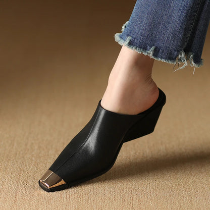 2025 New Ladies Genuine Leather Metal Head Mules Fashion Med Chunky Heels Summer Wedges Slippers Women Casual Office Shoes Woman