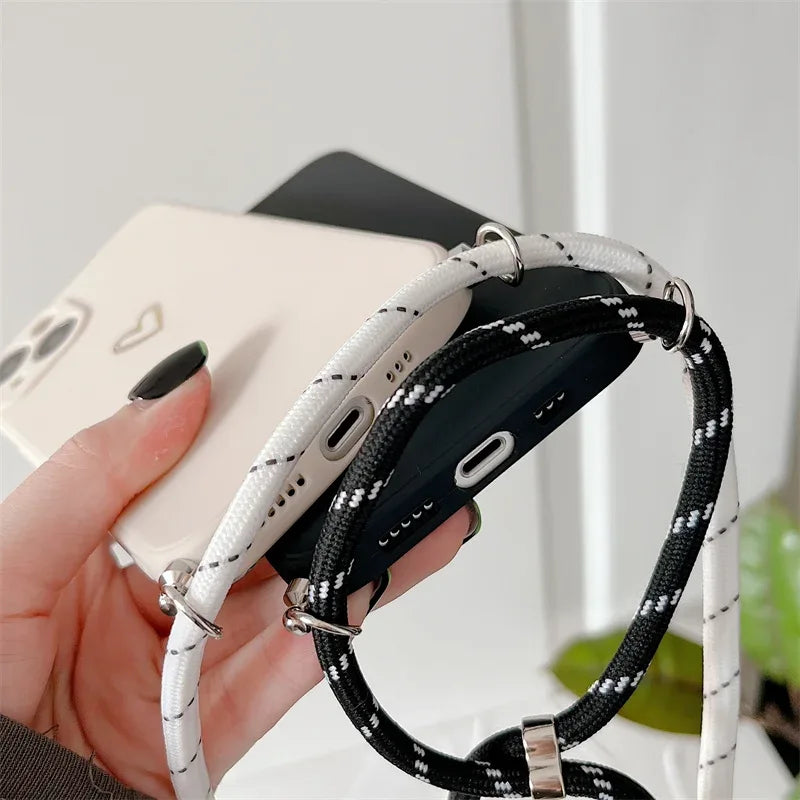 Crossbody Lanyard Silicone Phone Case For iPhone 15 14 11 12 13 Pro Max Mini 8 7 6 Plus 10 X Xr Xs Max SE 2020 Love Heart Cover