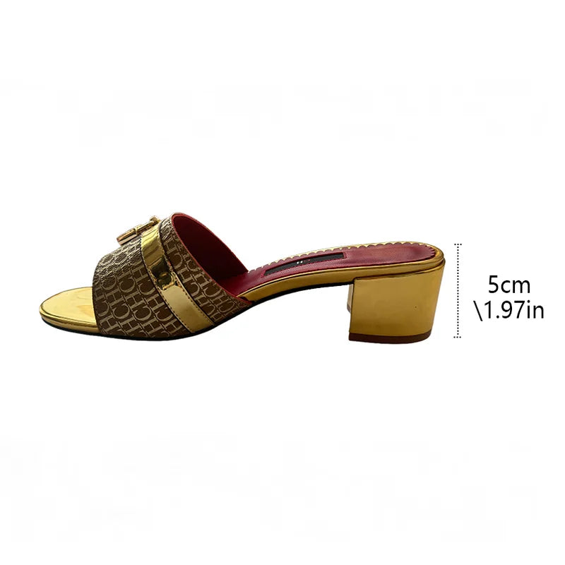 CH Brand Metal Buckle Embossed Sandals With Block Heels Open Toe Design Comfortable And Stylish Outdoor Slippers