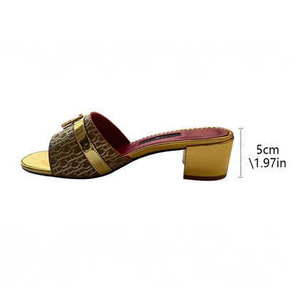 CH Brand Metal Buckle Embossed Sandals With Block Heels Open Toe Design Comfortable And Stylish Outdoor Slippers