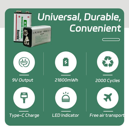 Rechargeable 9V Battery USB-C Charge,21800mWh Long-lasting 9V Li-Ion Battery with Free Cable,for Smoke Alarm,Camera,Clocks,Audio