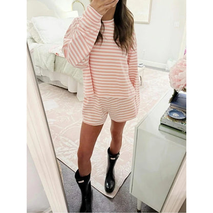Combhasaki Women 2Piece Striped Y2k Outfits Set Casual Long Sleeve Crew Neck Shirt Tops+Elastic Waist Wide Leg Shorts Tracksuits