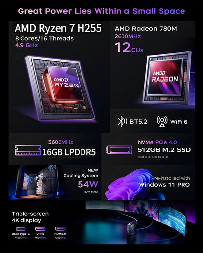 ACEMAGIC Mini PC AMD Ryzen 7 H255 Mini PC Computer 16GB RAM 512GB SSD WIFI 6 BT5.2 with RGB Lights 4K Triple Windows 11 Pro