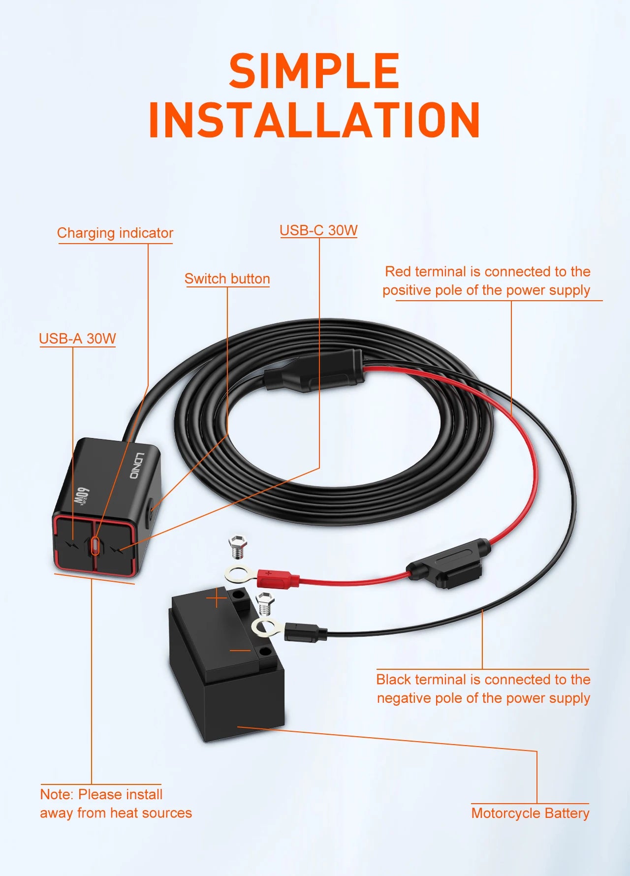 LDNIO Motorcycle USB C Fast Charger PD+QC3.0 60W Waterproof Socket Type C Cell Phone 12V/24V Vehicle-Mounted Charger Adapter